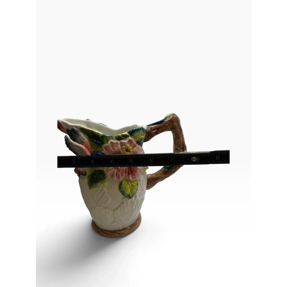 Vintage Hummingbird and Hibiscus Ceramic Pitcher Hand Painted 3D Floral Vase